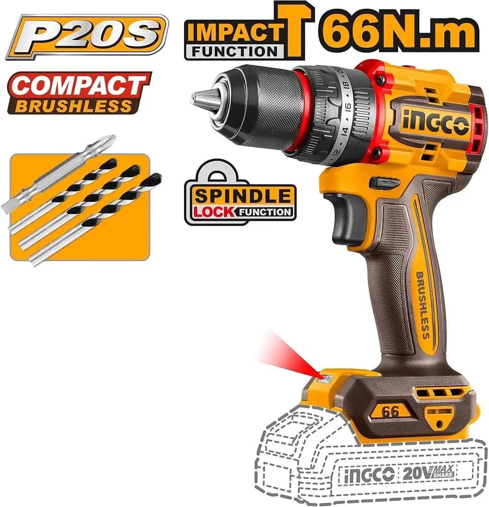 INGCO 20V COMPACT BRUSHLESS CORDLESS IMPACT DRILL