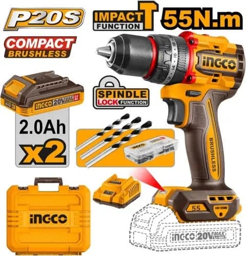 INGCO 20V COMPACT BRUSHLESS IMPACT DRILL 55NM