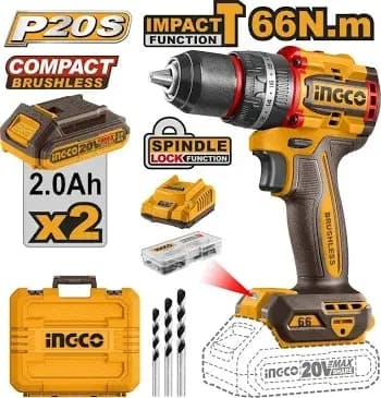 INGCO 20V COMPACT BRUSHLESS CORDLESS IMPACT DRILL 66NM